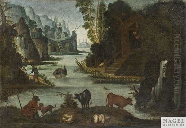 Phantastische Flusslandschaft Mit Tieren Und Monchsklausen Oil Painting by Jacob Savery the Elder