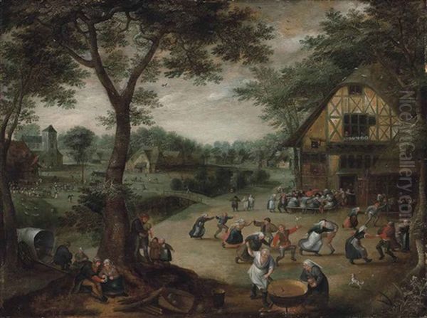 A Village Kermesse With Figures Dancing And Drinking In Front Of A Tavern, Houses And A Church In A Wooded Landscape Beyond by Jacob Savery the Elder