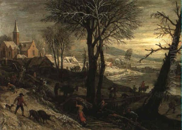 A Village On A Frozen River With Faggot Gatherers And Peasants On A Track Oil Painting by Jacob Savery the Elder