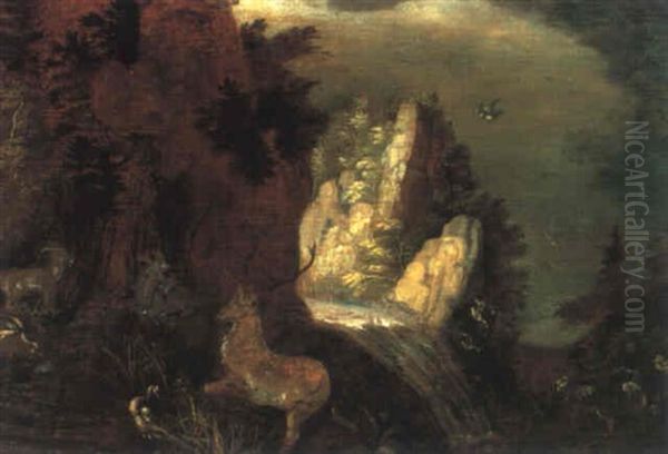 Ein Hirsch Und Steinboecke In Einer Gebirgslandschaft Mit   Einem Wasserfall Oil Painting by Jacob Savery the Elder