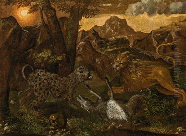 Lion And Leopard Hunting Down A Sheep by Hans Savery the Younger