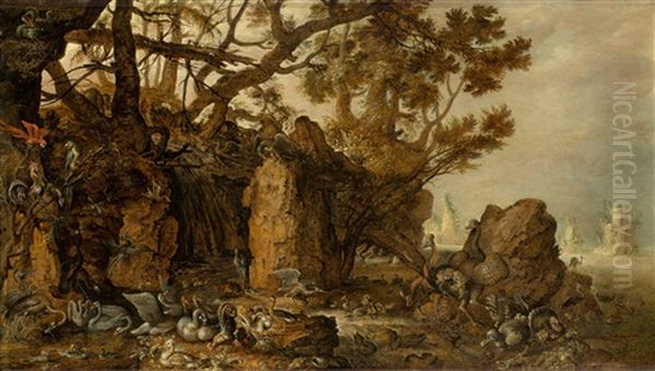 Rocky Coastal Scenery With Dodos And Other Birds  (after Roelant Savery) Oil Painting by Hans Savery the Younger