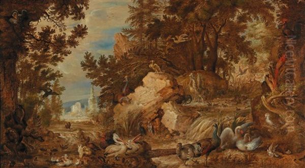 A Wooded Landscape With Numerous Exotic Birds Including A Dodo Oil Painting by Hans Savery the Younger