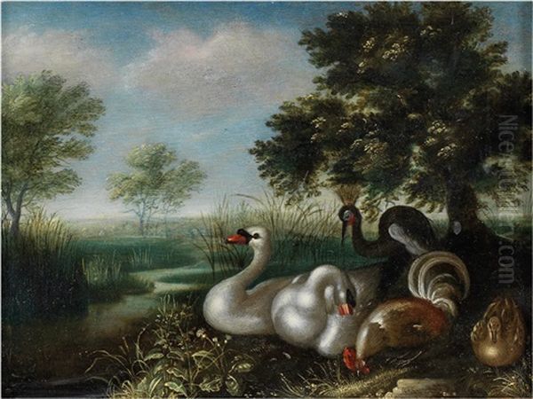 Cygnes, Poule, Canard Et Grue En Bordure De Riviere Oil Painting by Hans Savery the Younger