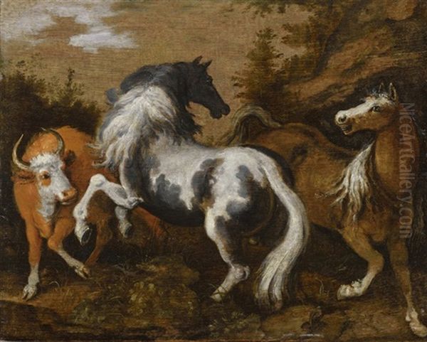 A Scene With An Arabian Stallion, Mare And Cow Oil Painting by Hans Savery the Younger