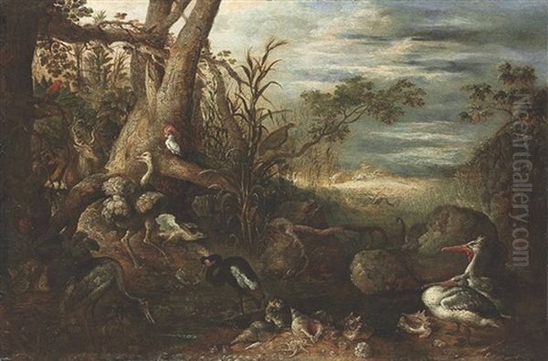 Pelicans, An Ostrich, Parrots, A Stag And Other Animals And Shells In A Wooded Landscape Oil Painting by Hans Savery the Younger