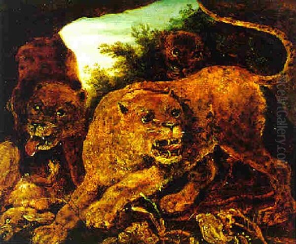 Leoparden In Einer Felsgrotte Oil Painting by Hans Savery the Younger