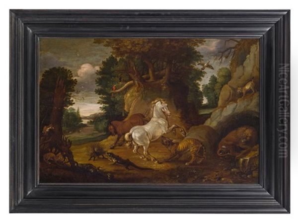 Waldlandschaft Mit Steigendem Hengst Und Vielen Waldtieren Oil Painting by Jacob Savery the Younger