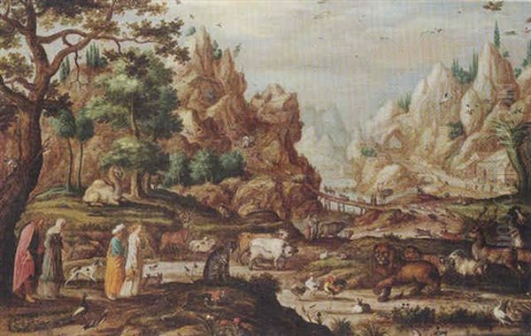 A Rocky Landscape With Noah And The Animals Entering The Ark Oil Painting by Jacob Savery the Younger