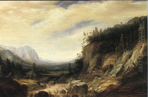 A Mountain Landscape With Cattle Grazing By A Stream Oil Painting by Jacob Savery the Younger