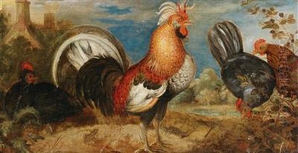 A Rooster And Chicken In A Landscape Oil Painting by Roelandt Savery