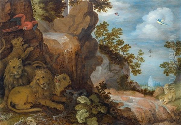 Rocky Landscape With Mountain Stream, Lions, Leopards, Parrots And Other Birds Oil Painting by Roelandt Savery