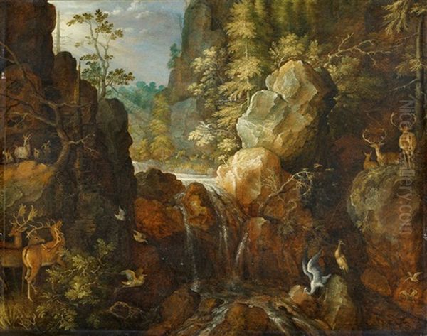 Gebirgslandschaft Mit Storch Und Hirschen Bei Einem Wasserfall Oil Painting by Roelandt Savery