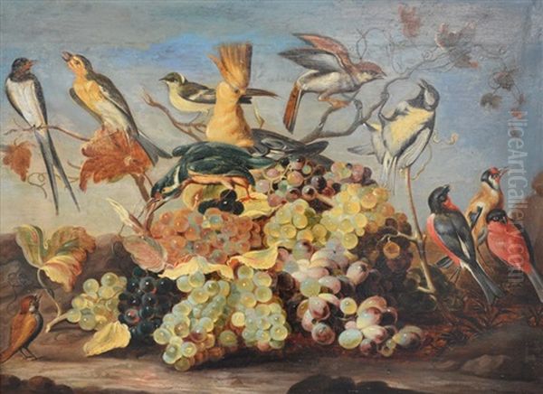 A Still-life With Bunches Of Grapes And Various Exotic Birds Oil Painting by Roelandt Savery