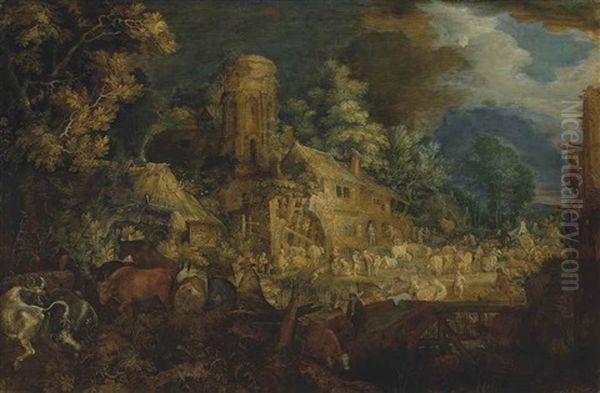 A Cattle Market Near A Ruined Farmstead In A Village By A River Oil Painting by Roelandt Savery