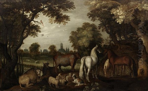 Horses, Cattle, Sheep And Goats Beneath Trees In The Foreground Oil Painting by Roelandt Savery