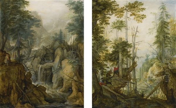 Alpine Landscape With Torrent And Hunter; Alpine Landscape With Three Hunters (2 Works) Oil Painting by Roelandt Savery