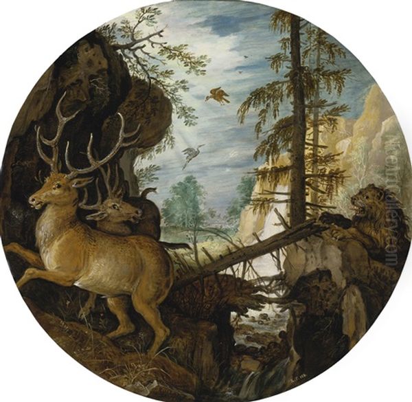 A Lion Hunting Two Deer Oil Painting by Roelandt Savery