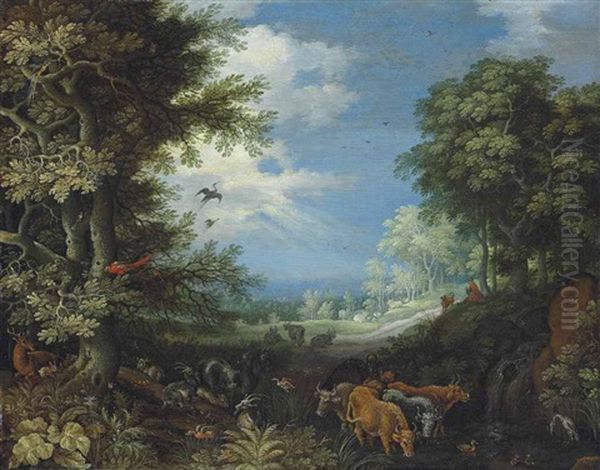 A Wooded Landscape With Cattle, Goats, A Stag, Ducks, A Parrot And Other Birds, A Herdsman And His Dog Beyond Oil Painting by Roelandt Savery