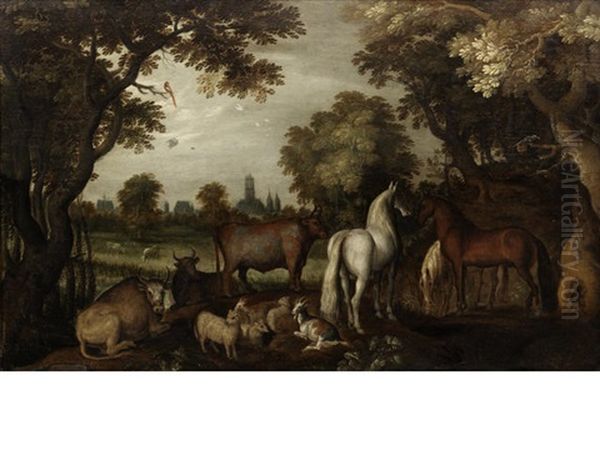 Horses, Cattle, Sheep And Goats Beneath Trees In The Foreground, A View Of Utrecht In The Distance Oil Painting by Roelandt Savery