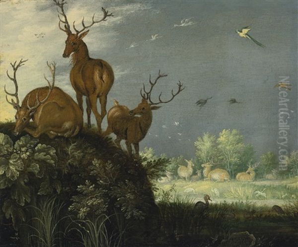 Three Stags In A Landscape Oil Painting by Roelandt Savery