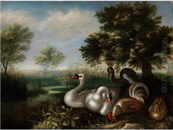 Baumlandschaft Mit Schwanen, Pfau, Schwan Und Ente Oil Painting by Roelandt Savery