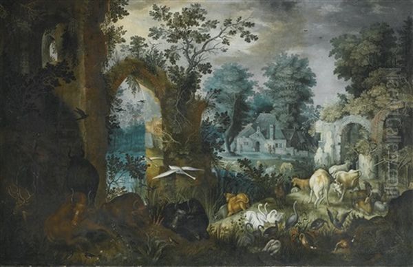 A Pastoral Scene With Cattle, Deer, Goats And Assorted Birds By Ruins, A Village Beyond Oil Painting by Roelandt Savery