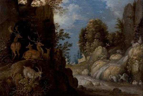 Paysage De Cascades Avec Une Harde De Cerfs Oil Painting by Roelandt Savery