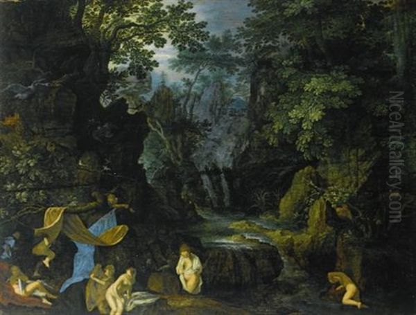 A Forest Landscape With Bathing Nymphs And Leda And The Swan Oil Painting by Roelandt Savery