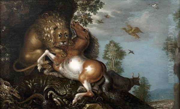 Lion Attaquant Un Cheval Oil Painting by Roelandt Savery