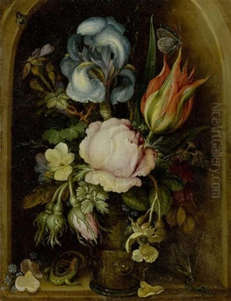 Blumenstilleben In Einer Glasvase Mit Eidechse Und Schmetterling In Einer Nische Oil Painting by Roelandt Savery