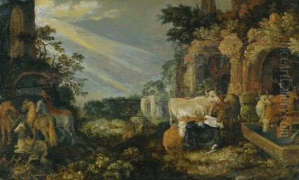 Paradise Landscape With Horses, Cows, Goats And Herders Oil Painting by Roelandt Savery