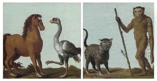 A Monkey And A Cat In A Landscape (+ A Horse And An Ostrich In A Landscape; Pair) Oil Painting by Roelandt Savery