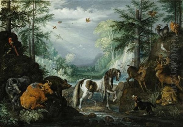 Paradieslandschaft Mit Tieren Und Dem Heiligen Hubertus Oil Painting by Roelandt Savery