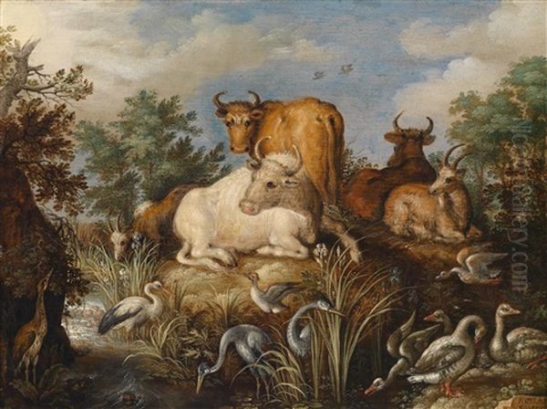 Tiere In Einer Bewaldeten Landschaft An Einem Bach Oil Painting by Roelandt Savery