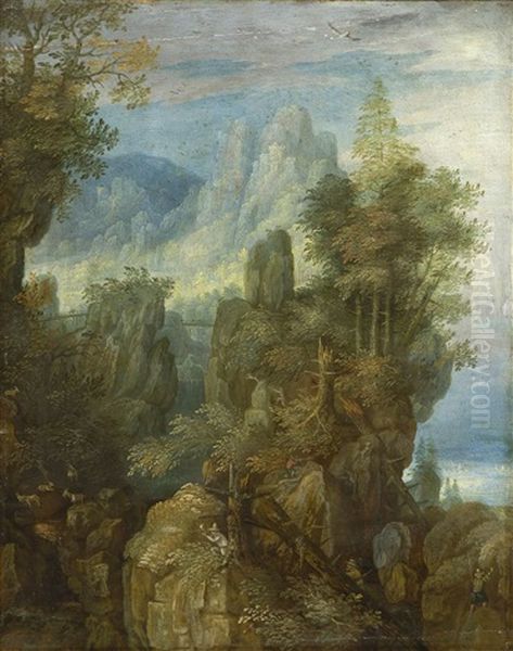 Phantastische Felsenlandschaft Mit Jagern Und Ziegen by Roelandt Savery