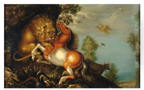 Lion Attaquant Un Cheval Oil Painting by Roelandt Savery