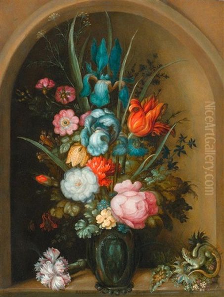 Blumenstilleben Mit Schwertlilien, Rosen, Tulpen, Schachbrettblume Und Anderen Bluten In Einer Glasvase, Platziert In Einer Steinnische Mit Eidechse Oil Painting by Roelandt Savery