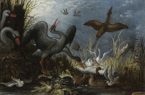 Swans, Storks And Other Birds In A River Landscape Oil Painting by Roelandt Savery