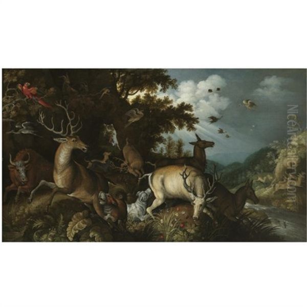 A Wooded River Lanscape With Stags Chased By Huntsmen And Their Dogs Oil Painting by Roelandt Savery