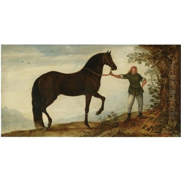 A Black Stallion With A Groom, In A Landscape Oil Painting by Roelandt Savery