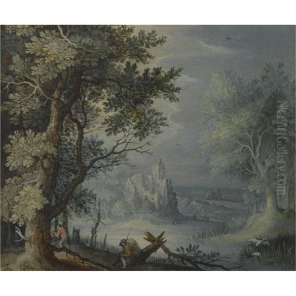 A Wooded Landscape With A Fortified Settlement In The Distance And Figures In The Foreground Oil Painting by Roelandt Savery