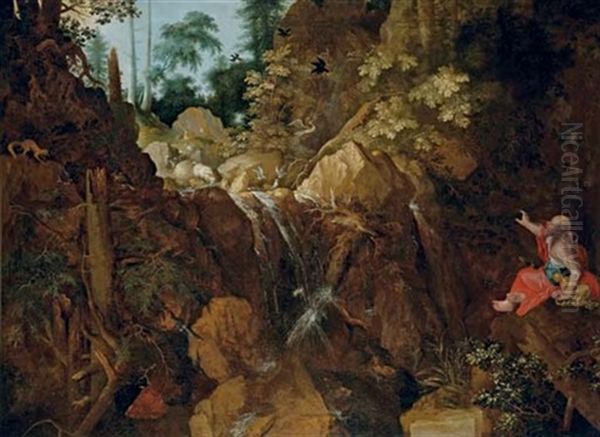 A Rocky Wooded River Landscape With Saint Onuphrius Oil Painting by Roelandt Savery