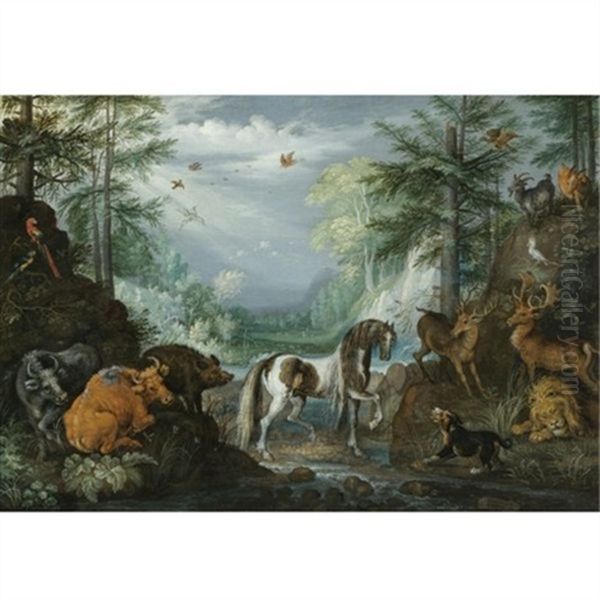 A Paradise Landscape With A Skewbald, Heifers, Stags, A Lion, A Dog, Goats, Parrots And Other Animals, The Conversion Of St. Hubert Beyond Oil Painting by Roelandt Savery