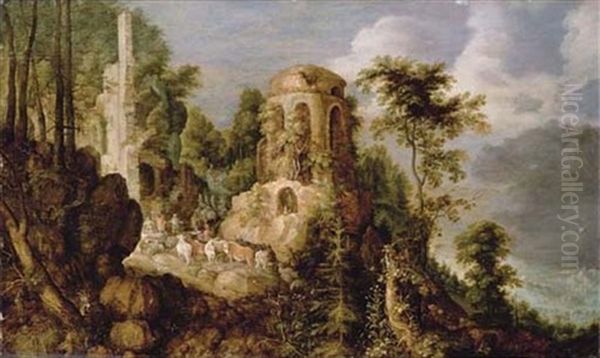 A Rocky Landscape With A Stream And Classical Ruins, With The Reconcilliation Of Jacob And Laban Oil Painting by Roelandt Savery