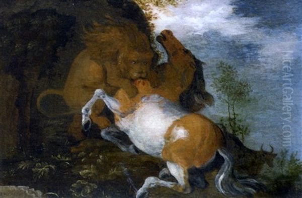 Lionne Attaquant Un Cheval Oil Painting by Roelandt Savery