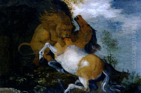 Lionne Attaquant Un Cheval Oil Painting by Roelandt Savery