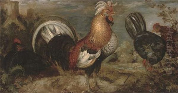 A Cockerel And Three Turkeys In A Landscape, With A Frog, A Lizard And A Dragonfly In The Foreground, A Farmhouse Beyond Oil Painting by Roelandt Savery