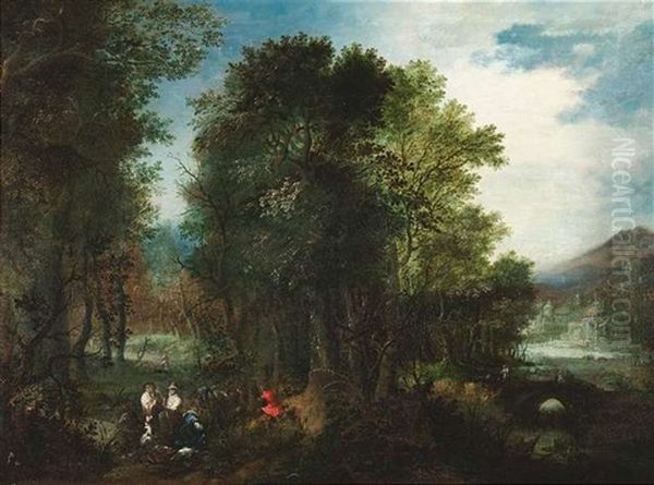 Waldlandschaft Mit Jagdgesellschaft, Rechts Ein Flus Und Schlosahnliche Gebaude Oil Painting by Roelandt Savery