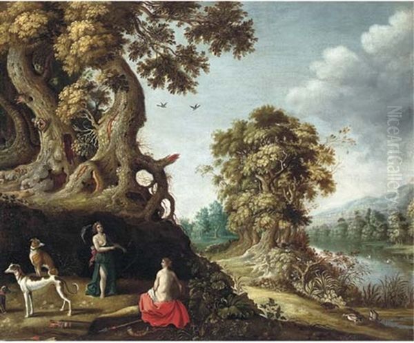 A Wooded River Landscape With Jupiter And Callisto Oil Painting by Roelandt Savery